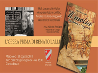 La brochure dell'evento con la copertina del libro e la foto di Lalli