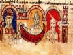 Miniatura tratta dal Chronicon Vulturnense. Carlo Magno offre all'Abate Ambrogio Autperto un diploma di conferma dei beni